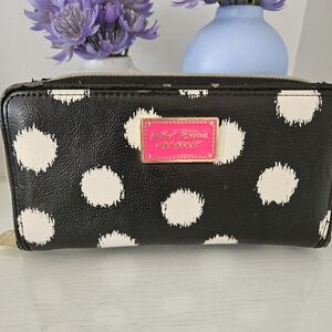 Betsey Johnson Black and White Polka Dot Wallet with Pink Logo Plaque